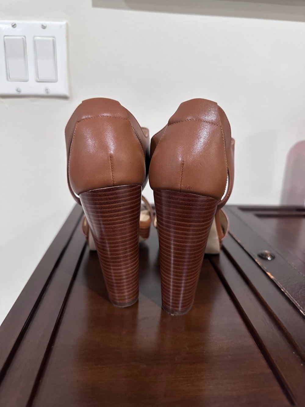 Michael Kors Brown Leather T-Strap Platform Heels with Gold Zipper - Picture 3 of 4